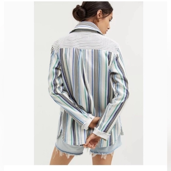 Maeve by Anthropologie Denim Shirt Jacket White Blue & Black Stripes medium - Picture 4 of 8